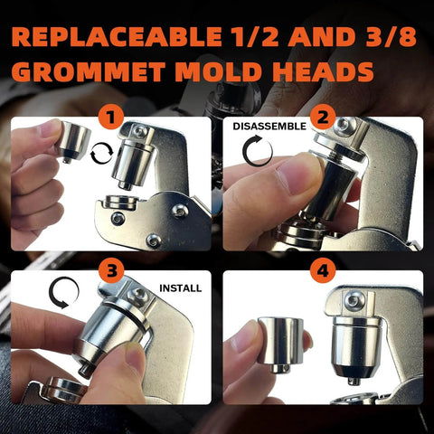 Heavy Duty Grommet Kit For Tarp Repair And Installation showing replaceable 1/2 and 3/8 grommet mold heads with pliers