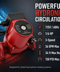 Top Shelf Hot Water Circulation Pump Replacement 103400 Hydronic Heating Boiler System with 115V 1/6 HP and 3-speed settings.