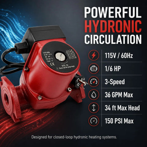 Top Shelf Hot Water Circulation Pump Replacement 103400 Hydronic Heating Boiler System with 115V 1/6 HP and 3-speed settings.