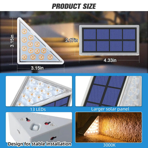 Diagram of Six Pack Solar Step Lights Warm White Outdoor IP67 Waterproof Stair Lights Auto On Off for steps, size details shown
