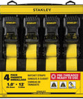 One Inch X Twelve Foot Ratchet Straps Four Pack featuring ergonomic padded grips and heavy duty black steel clamps.
