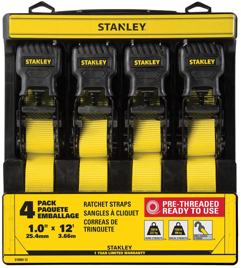 One Inch X Twelve Foot Ratchet Straps Four Pack featuring ergonomic padded grips and heavy duty black steel clamps.