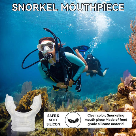Diver using 4 Pack Silicone Mouthpiece For Scuba Regulator Replacement, underwater scene, safe food-grade silicone visible.