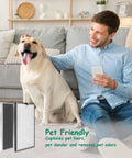 Man with dog on couch highlighting Replacement Filter For MA Series 112 Air Purifier Three Stage Filtration System 3 In 1 Pre Filter H13 True HEPA Activated Carbon 2 Pack
