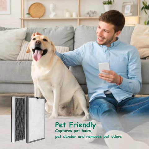 Man with dog on couch highlighting Replacement Filter For MA Series 112 Air Purifier Three Stage Filtration System 3 In 1 Pre Filter H13 True HEPA Activated Carbon 2 Pack