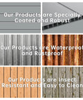Materials highlighting resin shed's coating, waterproof, rustproof, insect resistance, ease of cleaning for durability.