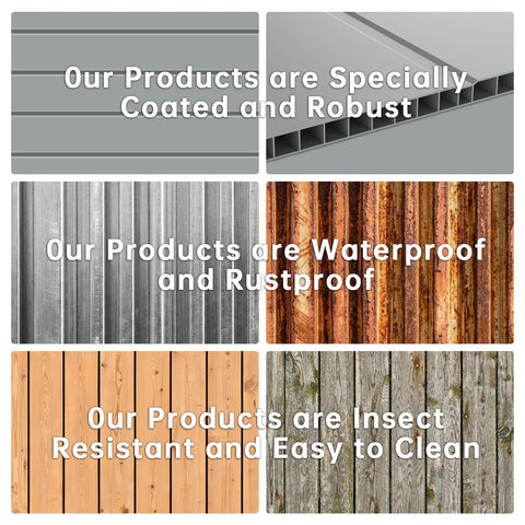 Materials highlighting resin shed's coating, waterproof, rustproof, insect resistance, ease of cleaning for durability.