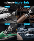 8 Piece Pvc Pipe Threading Kit With Broken Bolt Extractor Gloves shown in use on PVC, PPR, and MMP plastic pipes for repairs.