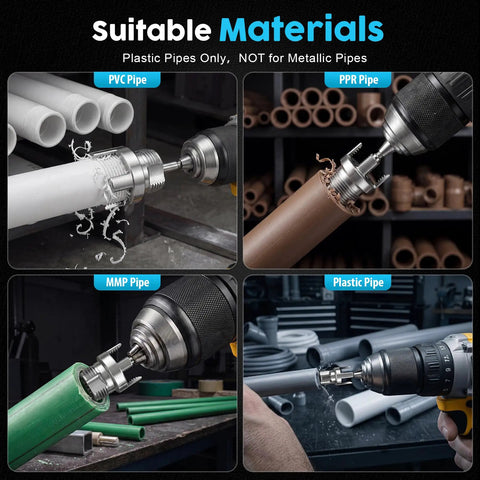 8 Piece Pvc Pipe Threading Kit With Broken Bolt Extractor Gloves shown in use on PVC, PPR, and MMP plastic pipes for repairs.