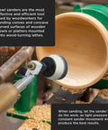 Woodturning bowl sander with wooden-handle tool and foam-backed circular pad on lathe