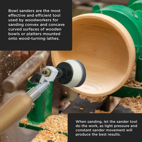 Woodturning bowl sander with wooden-handle tool and foam-backed circular pad on lathe