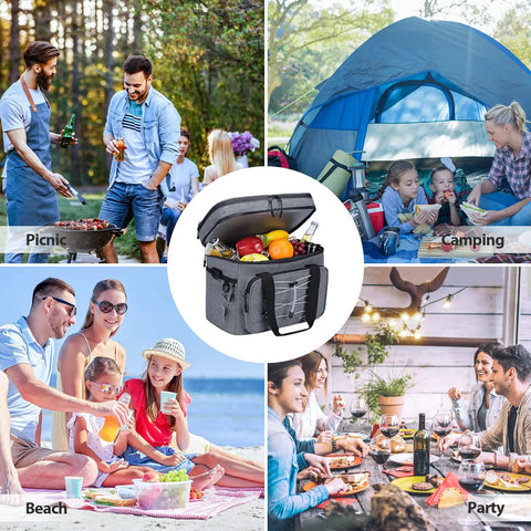 Portable Collapsible Soft Cooler Bag With Double Deck Design for 24 30 60 Cans, grey, shown in picnic, camping, beach, party settings