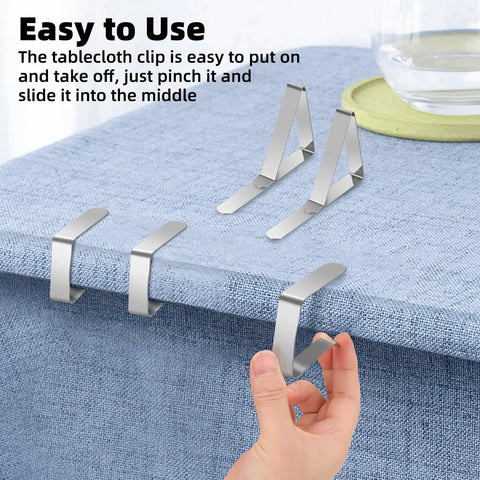 24 Pack Stainless Steel Tablecloth Clips for Outdoor Tables and Picnics, shown securing a blue fabric tablecloth, rustproof design