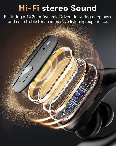 Close-up of Wireless Earbuds With Bluetooth 5.4, 80 Hour Playtime showing Hi-Fi stereo sound components in Jet Black design