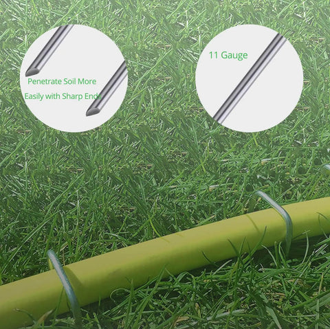 Heavy Duty 6 Inch Garden Stakes With Beveled Ends, 11 Gauge Galvanized Steel Lawn Landscape Staples securing hose on grass