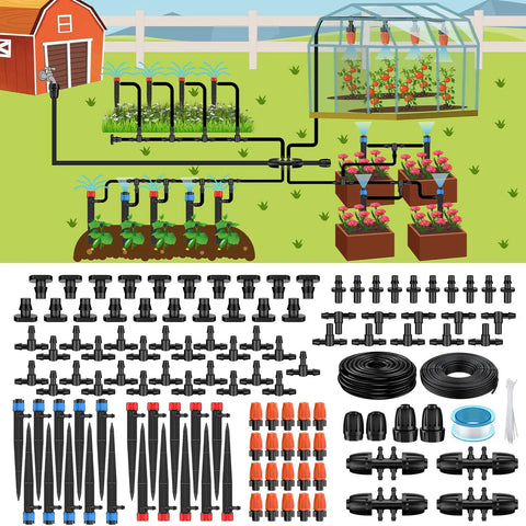 Illustration of All In One Drip Irrigation Kit For Garden And Lawn With 240 Feet Main Tubing And Accessories for Greenhouse