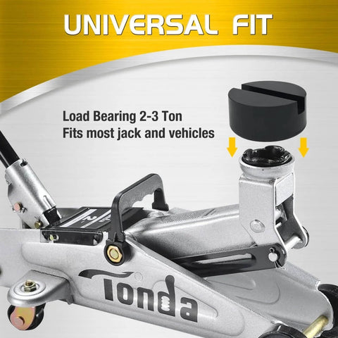 Universal Rubber Jack Pads With Slotted Design Pinch Weld Protector for jack stands shown above floor jack