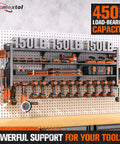 Forty Nine Point Eight Inch Wide Heavy Duty Power Tool Organizer Wall Mount With Four Layer Storage Rack And Fourteen Cordless Drill Holders For Garage Or Workshop Black attached to wall