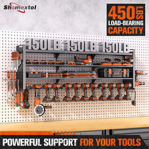 Forty Nine Point Eight Inch Wide Heavy Duty Power Tool Organizer Wall Mount With Four Layer Storage Rack And Fourteen Cordless Drill Holders For Garage Or Workshop Black attached to wall
