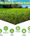 UV Resistant Artificial Turf Synthetic Grass For Outdoor Lawn That Looks Real Non Toxic Garden Flooring For Terrace Balcony And Yard Low Maintenance Durable Mat With Drainage 1x6m Or 3x20ft, close-up view showing texture and benefits icons