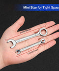 Metric 10 Piece Mini Wrench Set With Open End And Box End Handles From 4mm To 11mm displayed in hand for size illustration.
