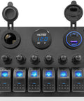 Six Gang Marine Rocker Switch Panel Waterproof With Circuit Breakers Digital Voltage Display PD QC3 USB Port And 12V DC Power Socket