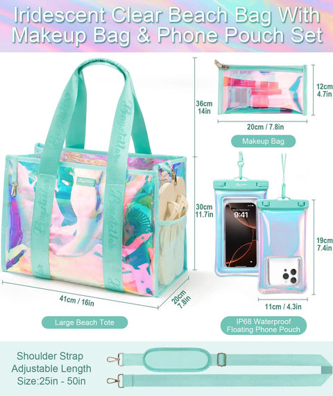 3-In-1 Iridescent Clear Beach Tote Set With Zipper Waterproof Phone Pouch And Makeup Bag For Women, turquoise with dimensions.