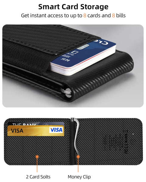 Close-up of Dope MagSafe Wallet with Money Clip and Find My Tracking, showing RFID blocking and card slots.