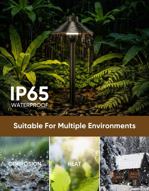 Low Voltage Landscape Lighting 12 Pack Aluminum 12V Pathway Lights with G4 Bulbs waterproof oil rubbed bronze finish, in rain garden setting.