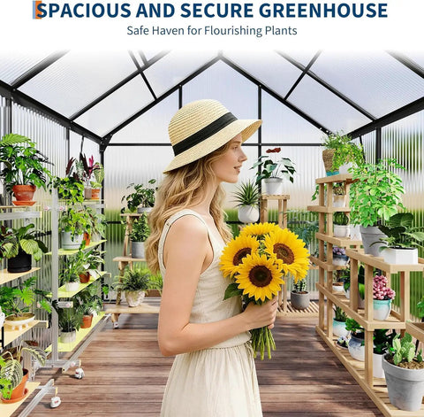 Woman holding sunflowers inside a Six By Six Foot Outdoor Greenhouse Kit With Heavy Duty Aluminum Frame Built To Last.