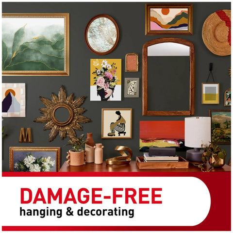Gallery wall with art and mirrors hung using Large Picture Hanging Strips 120 Pairs 240 Strips Hassle Free No Tools Needed Damage Free