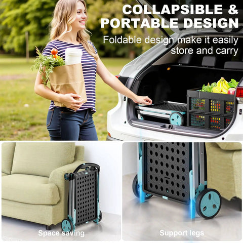 Woman loading a Heavy Duty Foldable Grocery Cart on Wheels, 200 Lbs Capacity with Two Collapsible Crates and Foot Brakes into car trunk