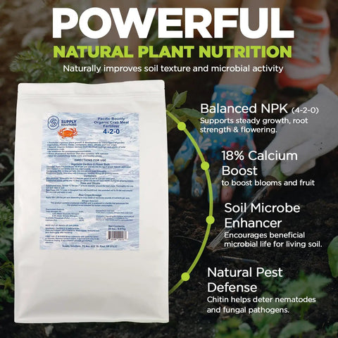 Organic Crab Meal Fertilizer 4 2 0 NPK, Calcium 18 Percent, Natural Soil Amendment For Garden, Lawn, And Flower Beds, Improves Soil Health And Boosts Plant Growth With Slow Release Nutrients, 20 Pound Bag displayed in garden