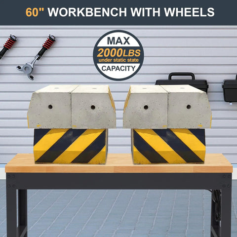 Height Adjustable Workbench With Wheels 60 Inch Solid Wood Top Heavy Duty Rolling Work Table supports max 2000 lbs capacity with weights on top