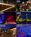 36W RGB Wall Washer Light IP65 Waterproof Outdoor LED Strip illuminating a bridge, villa, tunnel, hotel, and courtyard with vibrant colors
