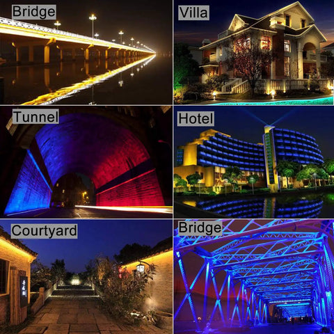 36W RGB Wall Washer Light IP65 Waterproof Outdoor LED Strip illuminating a bridge, villa, tunnel, hotel, and courtyard with vibrant colors
