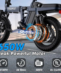 Foldable 14 Inch Electric Bike With A 650W Peak Motor That Powers You To 20 MPH, 28 Mile Range, Rugged Nine Point Suspension