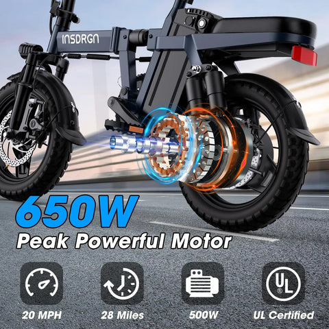 Foldable 14 Inch Electric Bike With A 650W Peak Motor That Powers You To 20 MPH, 28 Mile Range, Rugged Nine Point Suspension