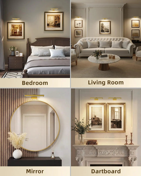 Rechargeable Picture Light For Wall With Remote Control Three Pack Sweet Stick On Magnetic Mount No Fuss Install Ultra Bright Frame Accent Lamp illuminating different rooms: bedroom, living room, mirror, and dartboard.