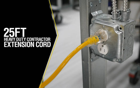 Heavy Duty Outdoor Extension Cord With Lighted End, 14 Gauge SJTW Jacket, 25 Foot, plugged into metal outlet, job site focus.