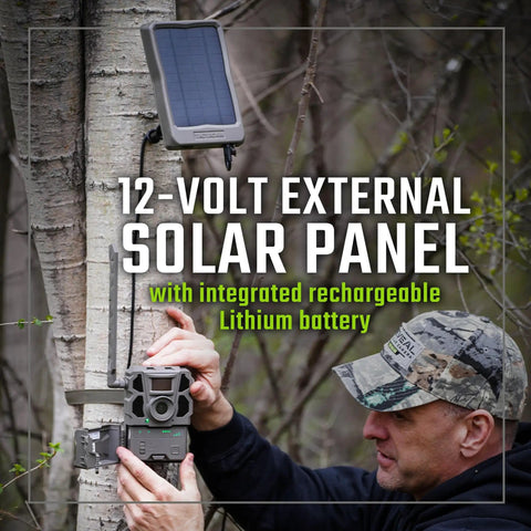 Reveal 12V External Solar Panel with integrated rechargeable battery for cellular trail cameras mounted on tree