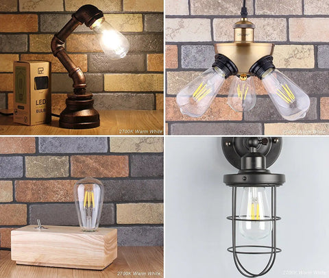 Collage of Retro Edison LED Bulb 4W 450 Lumens 2700K Warm White E26 Base Non Dimmable in various vintage lamp fixtures.