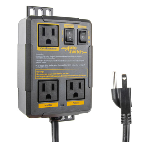 Front view of Configurable Automatic Vacuum Switch For Power Tools With Dual Tool Outlets And Load Sensing Delayed On And Off Dust Collector Controller