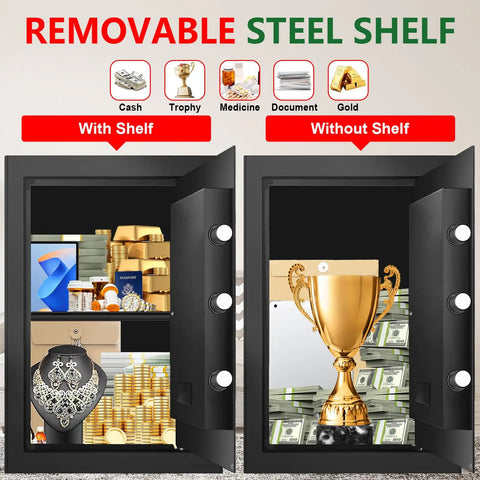 Beefy 3.4 Cu Ft Water And Fireproof Home Safe With Digital Keypad And Back Up Key Dual Anti Pry Locking System showing interior with removable shelf