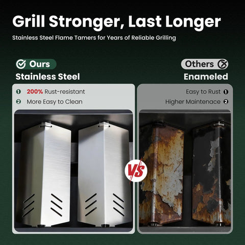 Comparison of stainless steel vs enameled flame tamers; left shows rust-resistant, right shows rusted and worn enameled ones.