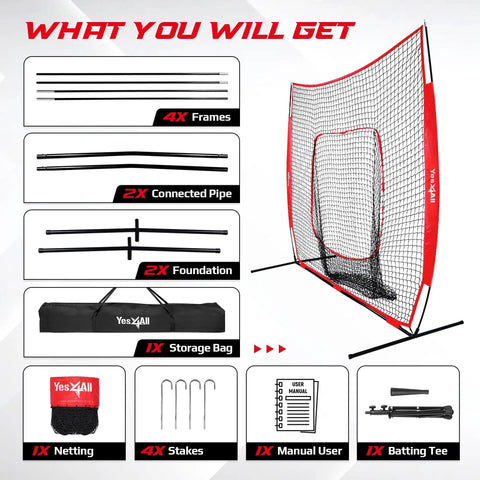 7x7 Foot Baseball Net With Batting Tee For Backyard Hitting And Pitching Practice, includes net, frame, stakes, and storage bag