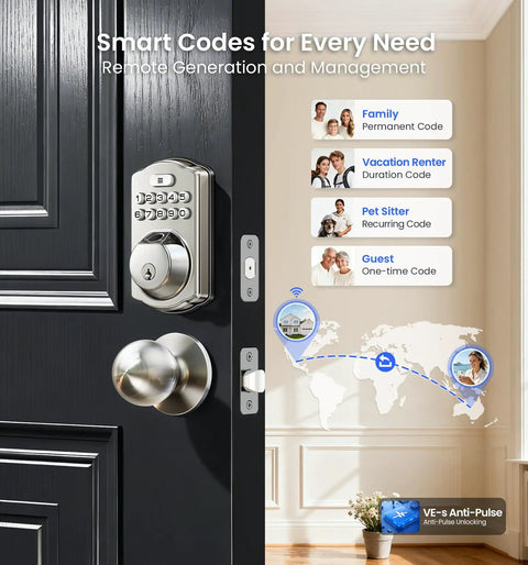 Built In WiFi Fingerprint Smart Lock With Two Knobs No Hub Needed Remote App Control Keyless Entry Front Door Deadbolt Auto Lock Satin Nickel Finish 7 Ways To Unlock For Everyday Convenience installed on black door