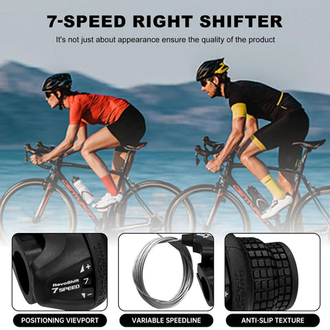 Cyclists riding with 7 Speed Bike Shifter With Thumb Button And Downshift Lever Revoshift Right SL RS25 7R for smooth shifting.
