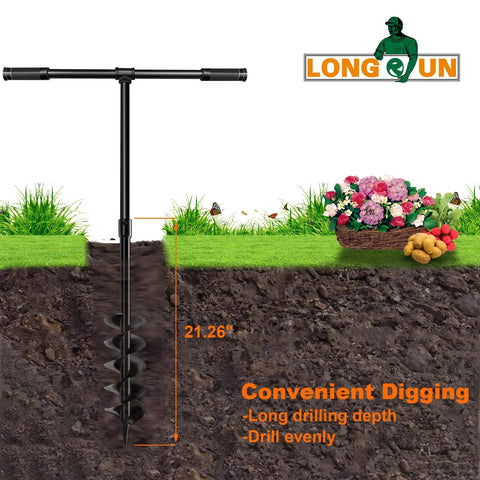Hand Drill Auger Post Hole Digger For Gardening 4 Inch Diameter By 38 Inch Length in soil with rubber sleeve and plants