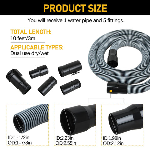 10ft Heavy Duty 1-7/8 Inch Wet Dry Vacuum Hose And Accessories Kit Compatible With Ridgid And Craftsman Vacs coiled with attachments